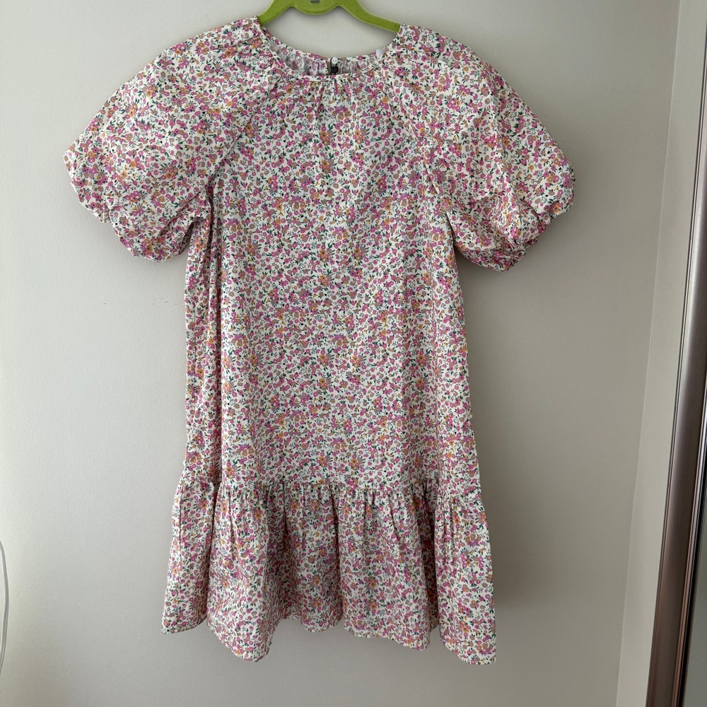 Zara Girls Floral Puff Sleeve Tiered Mini Dress Pink Yellow 4786/680 Size 13-14